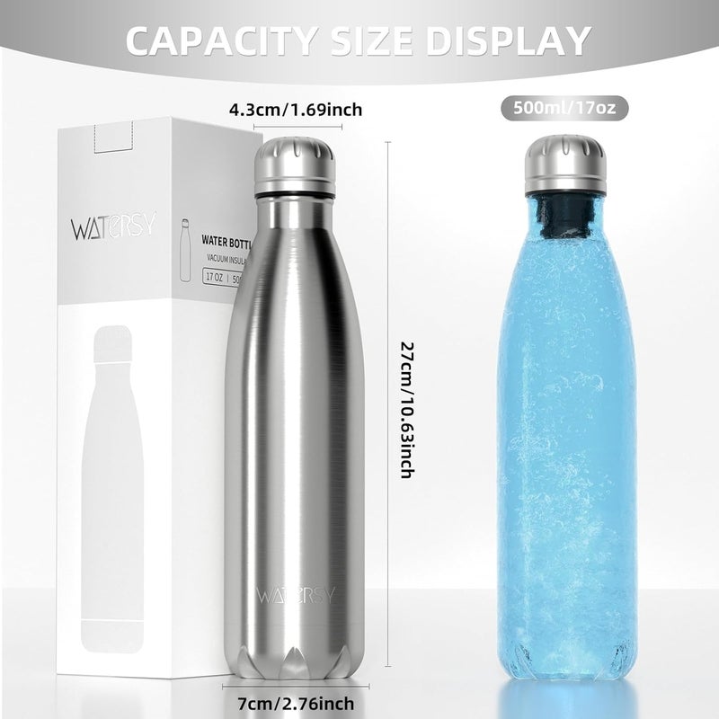 WATERSY Stainless Steel water bottles,17oz/500ml Insulated Water Bottles,Sliver metal water bottle Keeps Drink Cold and Hot,BPA Free kids water bottles for School,Gym,Travel,Sports - Image 3